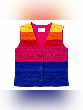 Vintage Susan Bristol Crochet Vest Rainbow Boho Hippie 70s Cottagecore Medium
